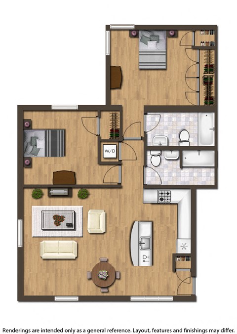 Floor plan for 2 beds, 2 baths, 975 sqft